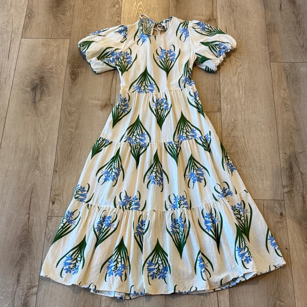 Zara White Floral Backless Tiered Maxi Dress with Blue and Green Print